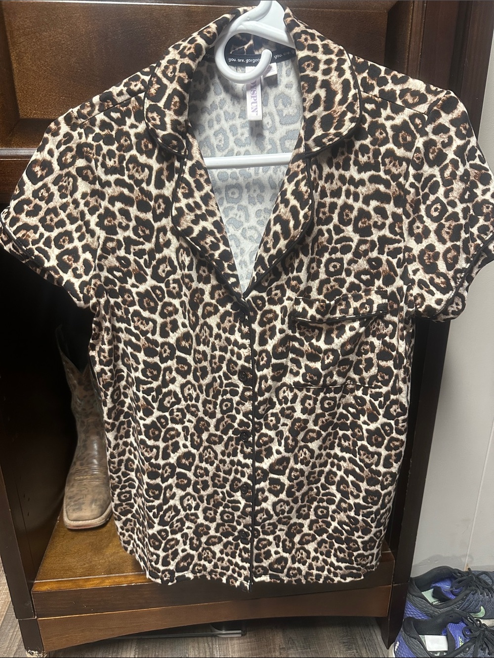 Joyspun Leopard Print Short-Sleeve Shirt - Brown/Black XS